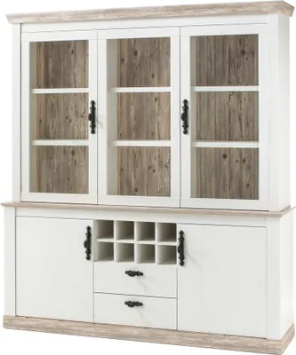 Produktbild von Großer Buffet-Schrank FERNA-61 im Landhaus Stil Geschirrschrank in Pinie weiß und Oslo dunkel Nb. inkl. LED B/H/T ca. 184x205x44cm