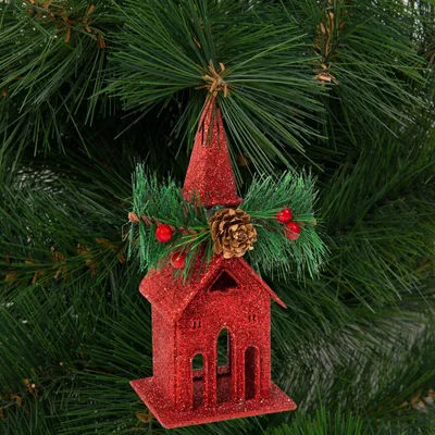 Immagine prodotto di Decorazione natalizia a forma di chiesa scintillante con gancio - 16 x 6,5 cm - rossa
