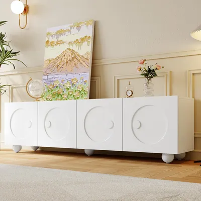 Image de OKWISH Meuble TV avec Portes à Relief 3D et Rangements Multiples, Design Minimaliste en MDF et Panneaux de Particules - 180,5x38x50 cm Blanc