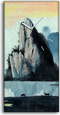 Produktbild von Wanduhr Bürouhr Leinwand Bild 30x60 Chinesische Landschaft Berg und Fluss - weiße Hände