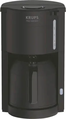 A black Krups ProAroma filter coffee machine is shown from the front.