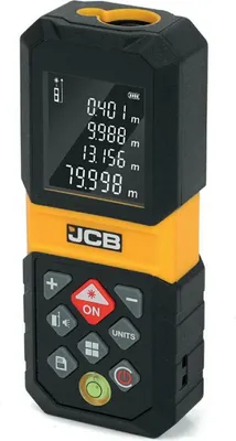 A black and yellow JCB laser distance measurer is shown against a white background.