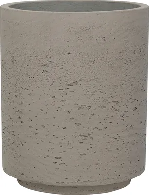 A close-up studio shot of a beige-gray cylindrical planter.