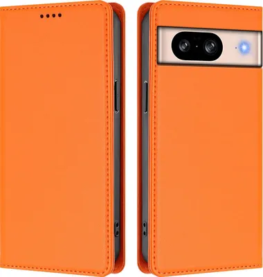 Image de Étui en cuir pour Google Pixel 8, étui à rabat magnétique en cuirPolyuréthaneavec support, orange