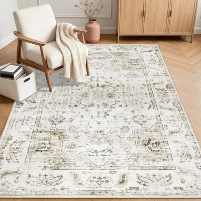 Productafbeelding van Tapijt voor de woonkamer, 120x170 cm, korte pool, wasbaar, vintage stijl, beige