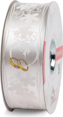 Produktbild von Geschenkband Ringelband Eheringe & Blumen Motiv 50mm x 50m Rolle Weiß