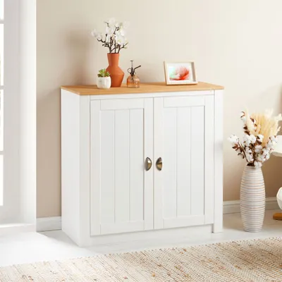Produktbild von Kommode BOLTON aus Kiefer in weiß/braun, Sideboard mit 2 Türen und Muschelgriffen, Buffetschrank aus Massivholz inkl. Einlegeböden