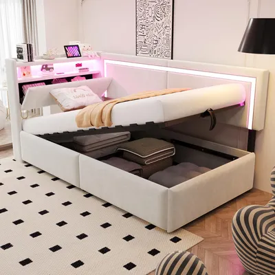 Image de Canapé-lit 90x200 cm, avec éclairage LED, avec port USB, avec espace de rangement, avec étagères, de couleur gris foncé
