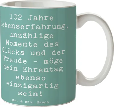 Produktbild von Mr. & Mrs. Panda Tasse Spruch 102. Geburtstag Glück - Meeresbrise - Geschenk, feiern, Becher, Teetasse, besonderes Alter, Lebenserfahrung, Geburtstagsgeschenk