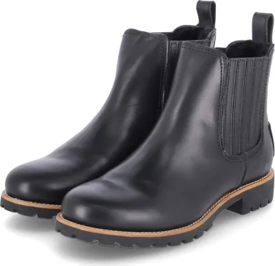 A pair of black leather Chelsea boots.