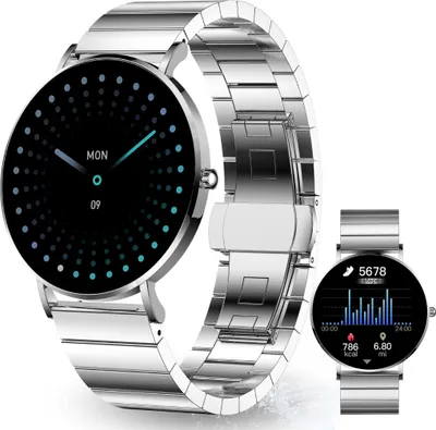A smartwatch with a silver metal band is shown, with a smaller smartwatch in the background displaying fitness data.