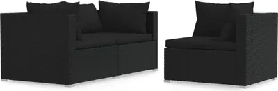 Produktbild von vidaXL 3-tlg. Garten-Lounge-Set mit Kissen Schwarz Poly Rattan