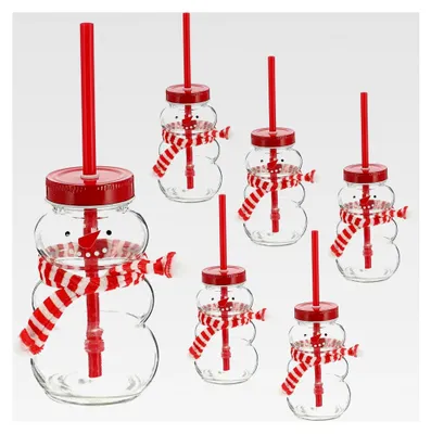 Produktbild von Trinkglas Schneemann 6er Set | Füllmenge 260 ml | Glas mit Deckel und Trinkhalm