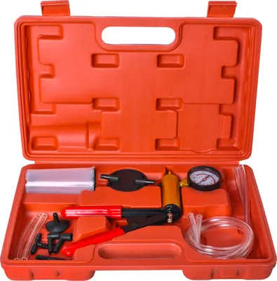 A red plastic case containing a brake bleeding kit with various tools and hoses.