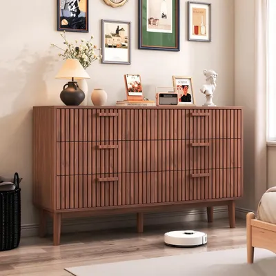 Obrázok produktu pre Komoda INONEFT s 6 zásuvkami z ratanu, 100x34x73 cm, komoda, úložná komoda, vysoká komoda, komoda s zásuvkami, moderný štýl, orechové drevo