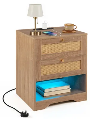 Produktbild von COSTWAY Nachttisch mit LED-Lichtern & Ladestation, Beistelltisch Polyrattan mit offenem Fach, 2 Schubladen&Fernbedienung, Nachtschrank 50 x 40 x 60 cm