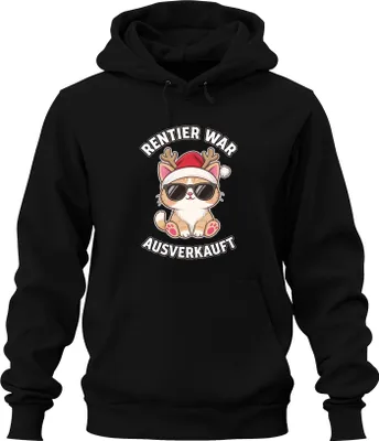 Produktbild von Rentier war t Katze Sonnenbrille Rentierhörner lustig Uni Hoodie Kapuzenpullover, Schwarz, S