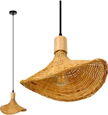 A hanging lamp with a woven rattan shade and a wooden top, shown against a white background. A smaller version of the lamp is visible on the left.