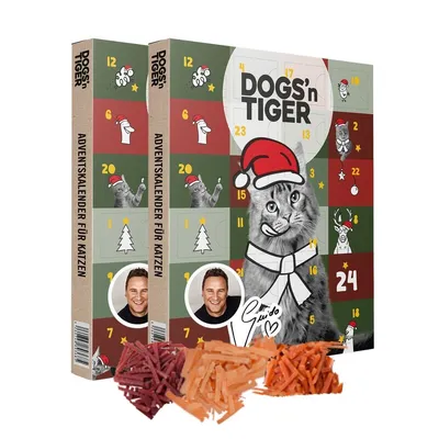 Zdjęcie produktu dla Dogs'n Tiger - Guido Maria Kretschmer Tiger - kalendarz adwentowy 2025, prezent świąteczny, przekąski dla kota, kaczki, kurczak i łosoś, kalendarz świąteczny, zestaw