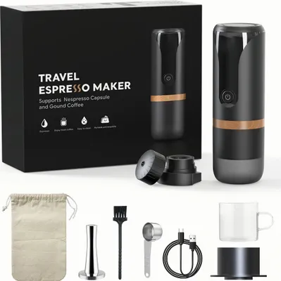 Produktbild von Tragbare Espressomaschine, 9 Bar Druck, wiederaufladbar, 2-in-1, kleine Reisekaffeemaschine, kompatibel mit Nespresso-Kapseln, gemahlener Kaffee