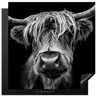 Produktbild von KitchenYeah© Herdabdeckplatte Schottischer Highlander - Hörner - Schwarz - Weiß - Kuh - Wild - Tiere , 78x78cm, Küche Deko, Glaskeramikkochfeld Herdabdeckung, Abdeckplatte fùr Kochfeld