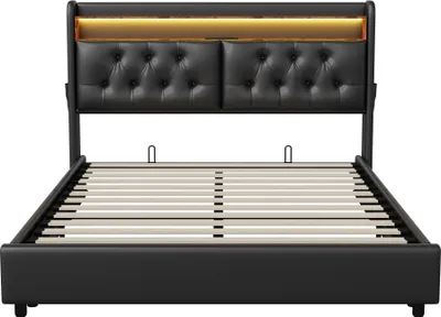 Obrázok produktu pre Čalúnená posteľ UnboxG 180x200cm s funkciou nabíjania (USB&Typ-c), manželská posteľ pre mladých s úložným priestorom a LED diódou, hydraulická skriňová posteľ, PU, čierna