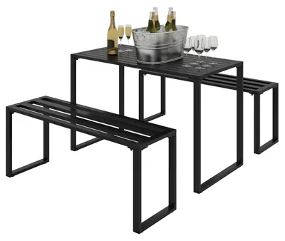 Produktbild von Gartengarnitur für 4 Personen, 1 Tisch & 2 Bänke, Metall, Schwarz