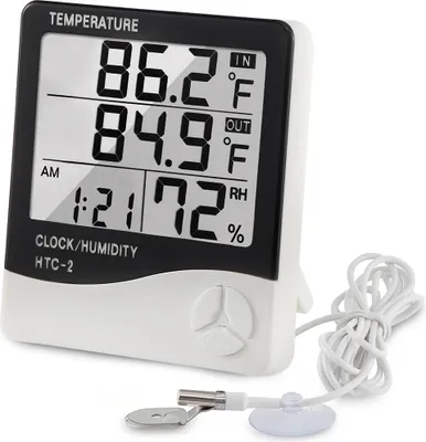 Produktbild von Digitales Thermometer und Hygrometer mit Sensor – Innenraum-Uhr zur Messung von Temperatur und Luftfeuchtigkeit in Celsius und Fahrenheit