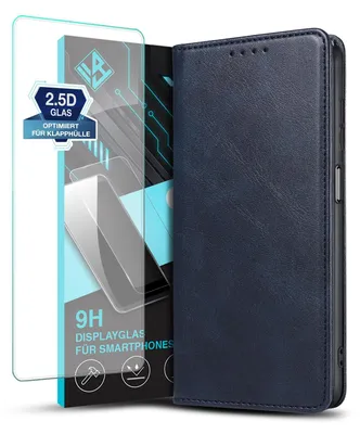 Produktbild von Handyhülle für Samsung Galaxy A16 mit 9H Displayglas Kunstleder Flip Cover Hülle Handytasche Case Kartenfach Farbe: Blau