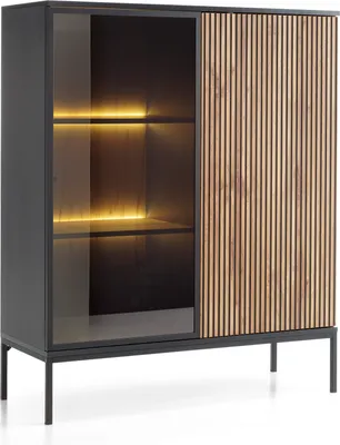 Produktbild von Vitrine Highboard Schrank 2-türig geriffelte und Glas Fronten LED-Beleuchtung SENTINO 104 cm Schwarz + Eiche Wotan