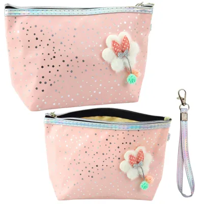 Productafbeelding van Etui Cosmeticazakje Strik Glanzende Stippen Poederroze 23x16cm