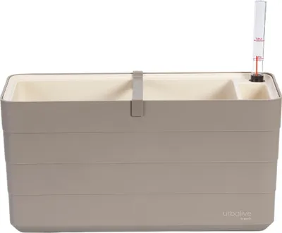 A self-watering planter box with a water level indicator.