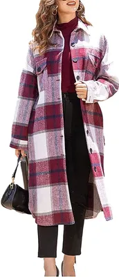 Produktbild von ASKSA Damen Kariertes Lange Hemdjacke Taschen Knöpfen Langarm Holzfällerjacke Mantel, B Weinrot, S