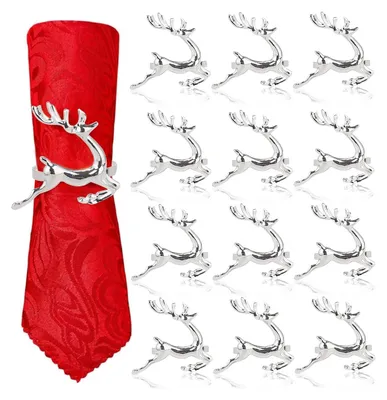 Produktbild von 12 Stück Weihnachten Rentier Servietten Ringes,Silbrig Metall Elch Serviettenhalterür Weihnachten Abendessen Party Thanksgiving Party  Tischdekoration