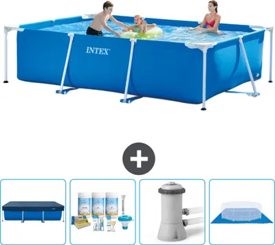 A collage of an Intex rectangular frame swimming pool and its accessories.