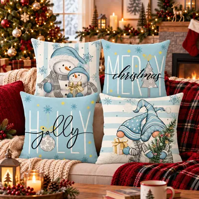 Image de Lot de 4 housses de coussin de Noël, 45 x 45 cm, couleurs variées, mélange de lin, pour décoration de canapé ou de chambre