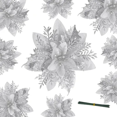 Immagine prodotto di Fiori artificiali di Natale (Poinsettia), 12 pezzi, con glitter argento, decorazione natalizia