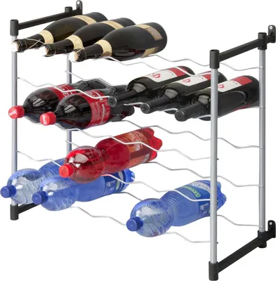 A multi-tiered metal wine rack holding several bottles of wine and other beverages.