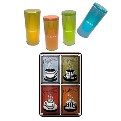 Produktbild von 4er Set Kaffeepaddosen mit Deckel, Padheber und Blechschild, Metall, Rund, Vintage Design