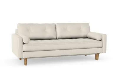 Produktbild von Esme II 3-Sitzer-Sofa mit Schlaffunktion, Massivholzkonstruktion, skandinavischer Stil, gestepptes Sitzkissen, Hohe Beine aus Eichenholz, gewachst, Chenille-Stoff Puente 03 Creme