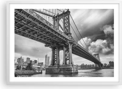 Produktbild von Gerahmtes Poster - Weißer Rahmen - Manhattan Brücke Schwarzweiß - 70x50 cm - Wand Bild - Wanddeko - Wandbilder - Wandposter - Bilderrahmen - Bilder - Kunstdruck - Wandbild - P2WAA70x50-4156