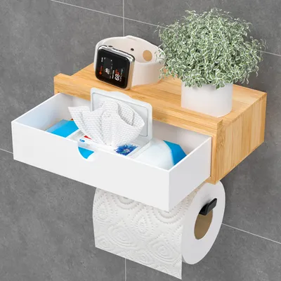 Produktbild von 3-in-1 Toilettenpapierhalter mit cleverer Ablagefläche für Feuchttücherbox und integrierter Schublade Ideal für Damenhygieneartikel (Braun-Weiß)