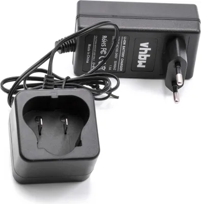 A black battery charger and its charging cradle are shown against a white background.