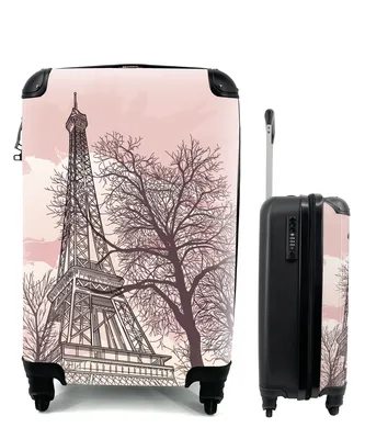 Produktbild von MuchoWow® Koffer Handgepäck Trolley Rollkoffer Kleine Reisekoffer mit 4 Rollen - Eine Illustration des Eiffelturms unter einem rosa Himmel - Cabin Size < 55x40x23 cm & 55x40x20 cm - Fotokoffer - Kabinenkoffer - Boardgepäck - Reise-Box - Reisekoffer - Reisegepäck - Koffer mit Bild - Trolley für Kinder