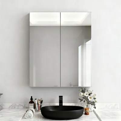 Image de Armoire de salle de bain CLIPOP à 2 portes, 50 x 60 cm, avec 2 miroirs et des étagères réglables