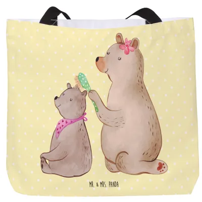 Produktbild von Mr. & Mrs. Panda Tote Bag Bär Kind - Gelb Pastell - Geschenk, Muttertag, Laptoptasche, Tragetasche, Stoffbeutel, Familie, Tasche, Mutter, Strandtasche, Mama, Tochter