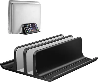 Produktbild von Famanu Laptop Halter Aluminium mit 2 Schlitzen - Platzsparend für Notebooks bis 17,3 Zoll - Schwarz