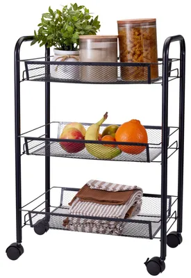Produktbild von Kuchenwagen - schwarz - Metall - 44 x 26 x 64 cm - 3 Ebenen mit Drahtkorben - auf Rollen