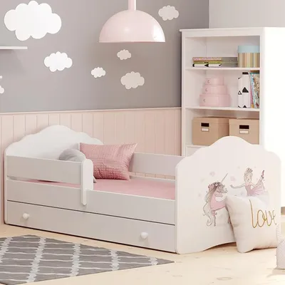 Produktbild von Kinderbett 80x160 cm mit Matratze und Schublade Lattenrost & abnehmbarer Rausfallschutz Bett für Kinder Bett komplett Set in weiß mit Pferd Motiv