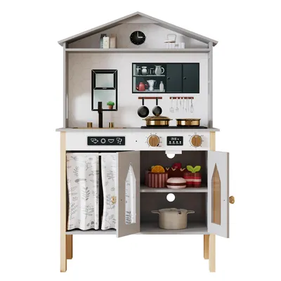 Produktbild von Kinderküche aus Holz mit Sound, Spielküche mit Zubehör, Herd, Spüle, Schrank, inkl. Kippschutz, Holzküche für Kinder ab 3 Jahren